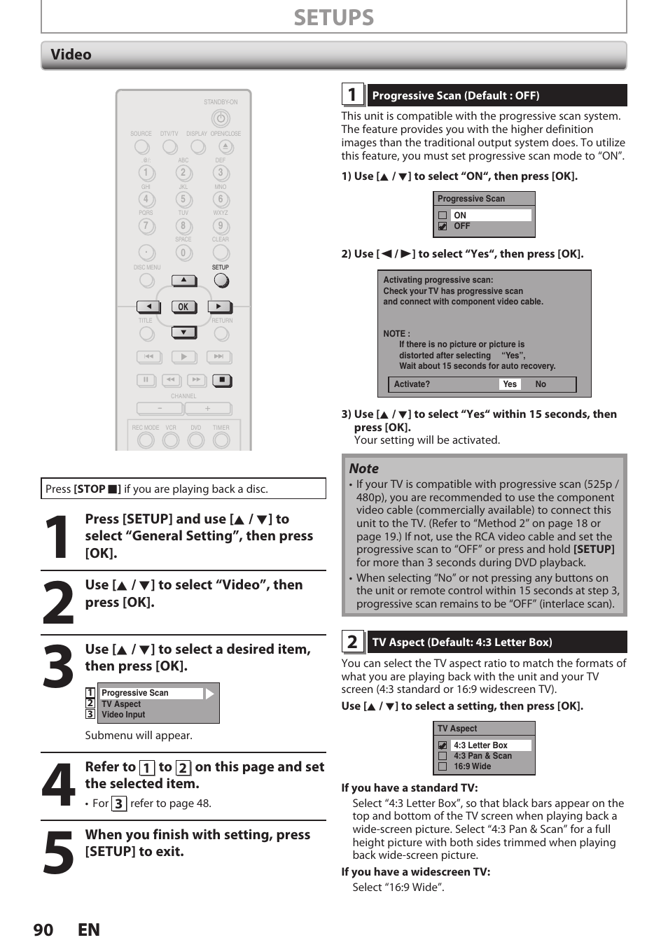 Video, Setups, 90 en 90 en | Philips Magnavox E9S80UD User Manual | Page 90 / 108