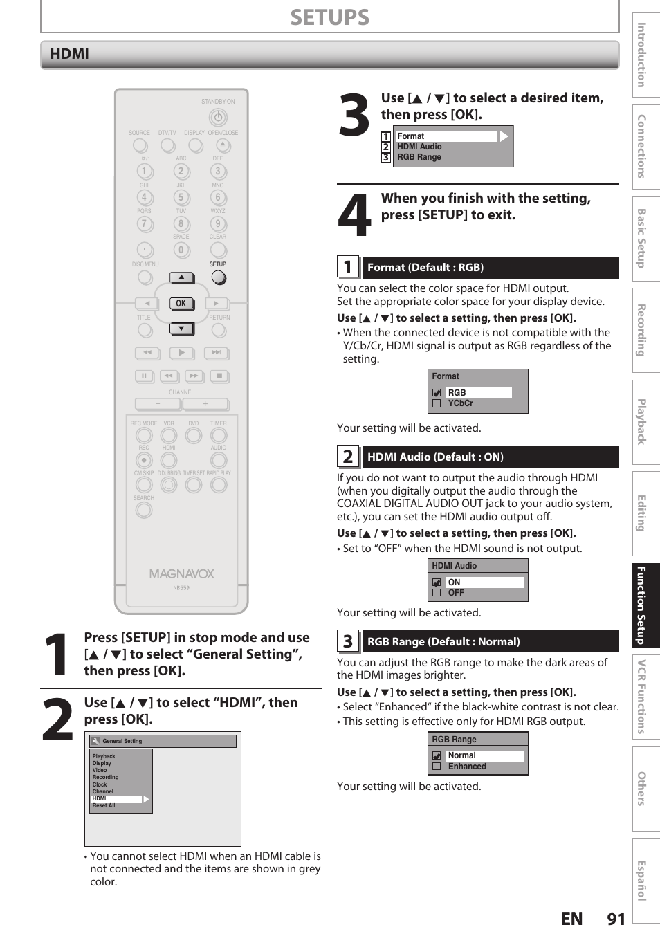 Hdmi, Setups, 91 en 91 en | Use [ k / l ] to select “hdmi”, then press [ok | Philips Magnavox E9S80UD User Manual | Page 91 / 108