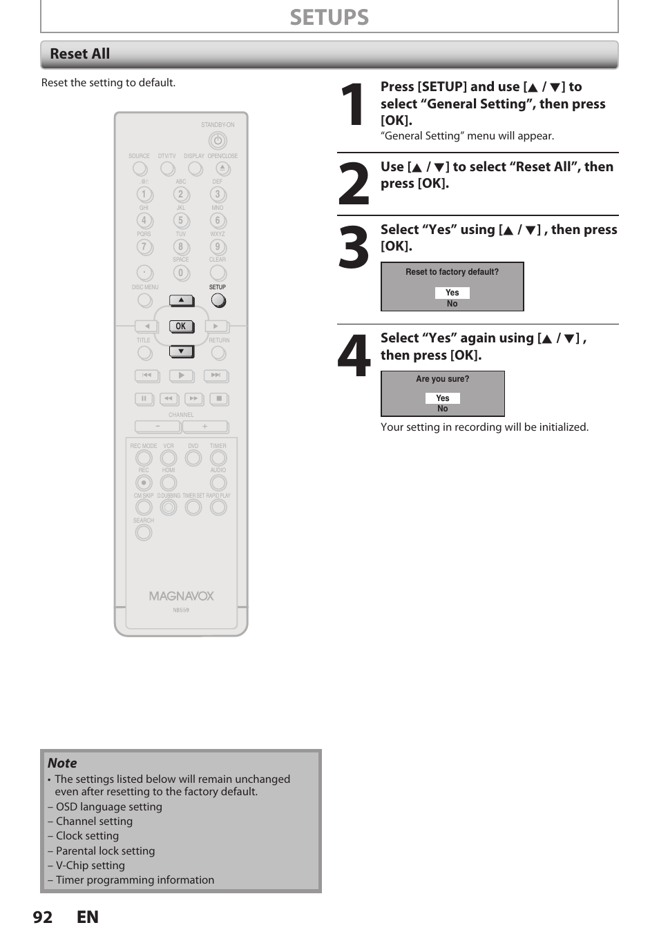 Reset all, Setups, 92 en 92 en | Select “yes” using [ k / l ] , then press [ok | Philips Magnavox E9S80UD User Manual | Page 92 / 108