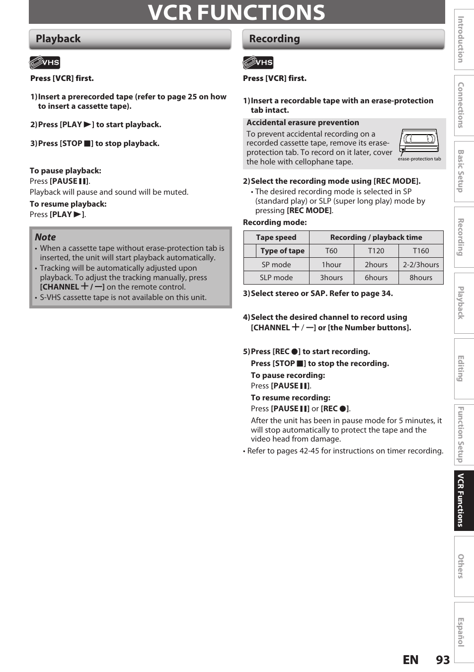 Vcr functions, Playback, Recording | 93 en 93 en, Playback recording | Philips Magnavox E9S80UD User Manual | Page 93 / 108