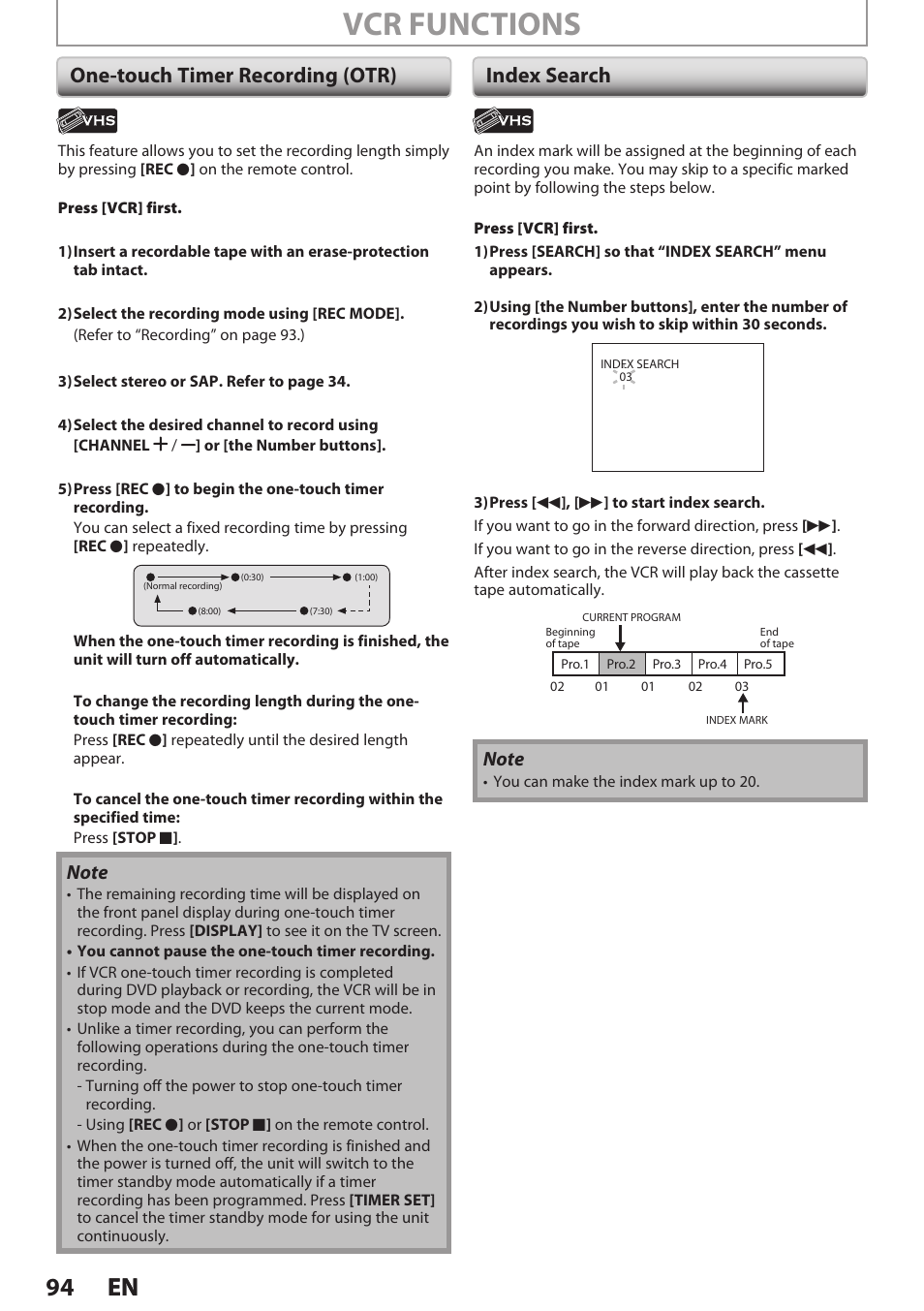 One-touch timer recording (otr), Index search, Vcr functions | 94 en 94 en, One-touch timer recording (otr) index search | Philips Magnavox E9S80UD User Manual | Page 94 / 108