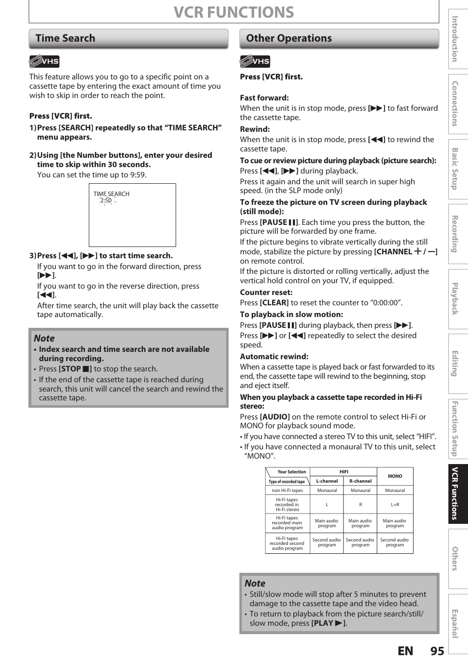 Time search, Other operations, Vcr functions | 95 en 95 en, Time search other operations | Philips Magnavox E9S80UD User Manual | Page 95 / 108