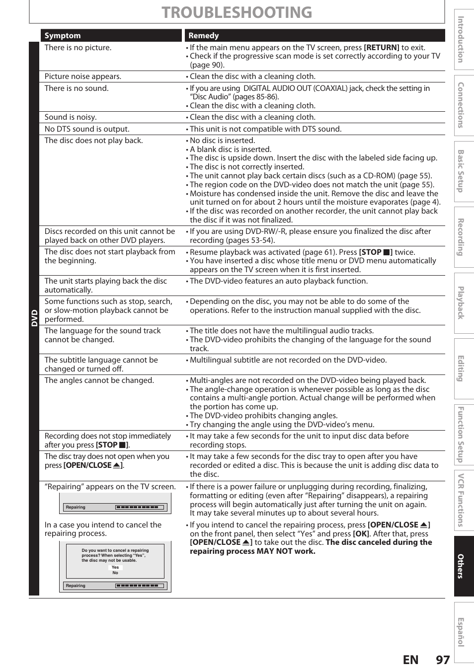 Troubleshooting, 97 en | Philips Magnavox E9S80UD User Manual | Page 97 / 108