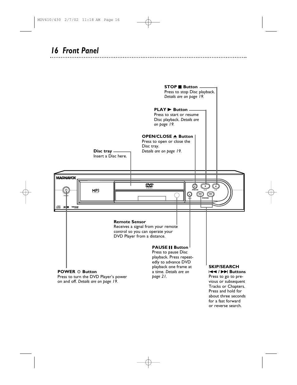 16 front panel | Philips Magnavox MDV410 User Manual | Page 16 / 51