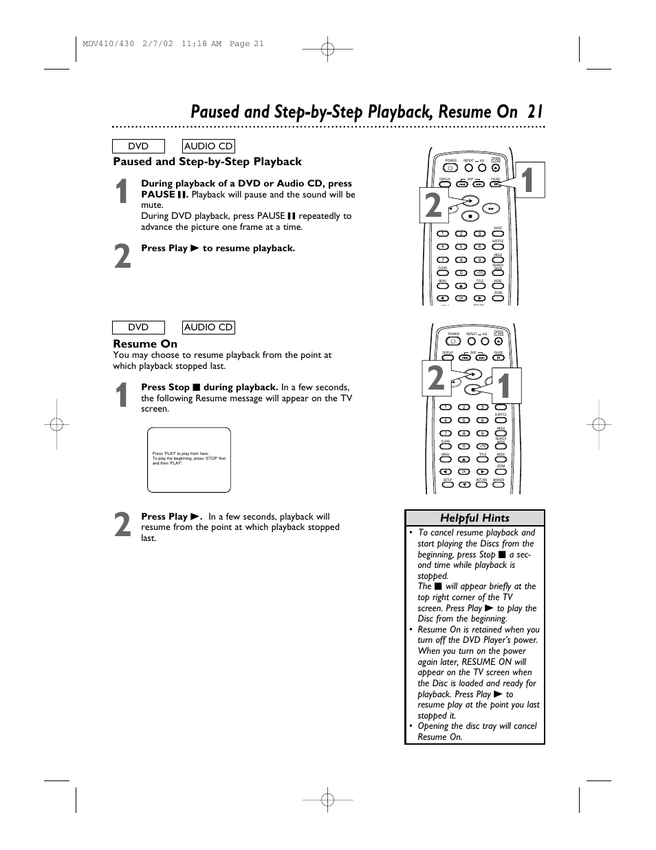 Paused and step-by-step playback, resume on 21, Paused and step-by-step playback, Helpful hints resume on | Philips Magnavox MDV410 User Manual | Page 21 / 51