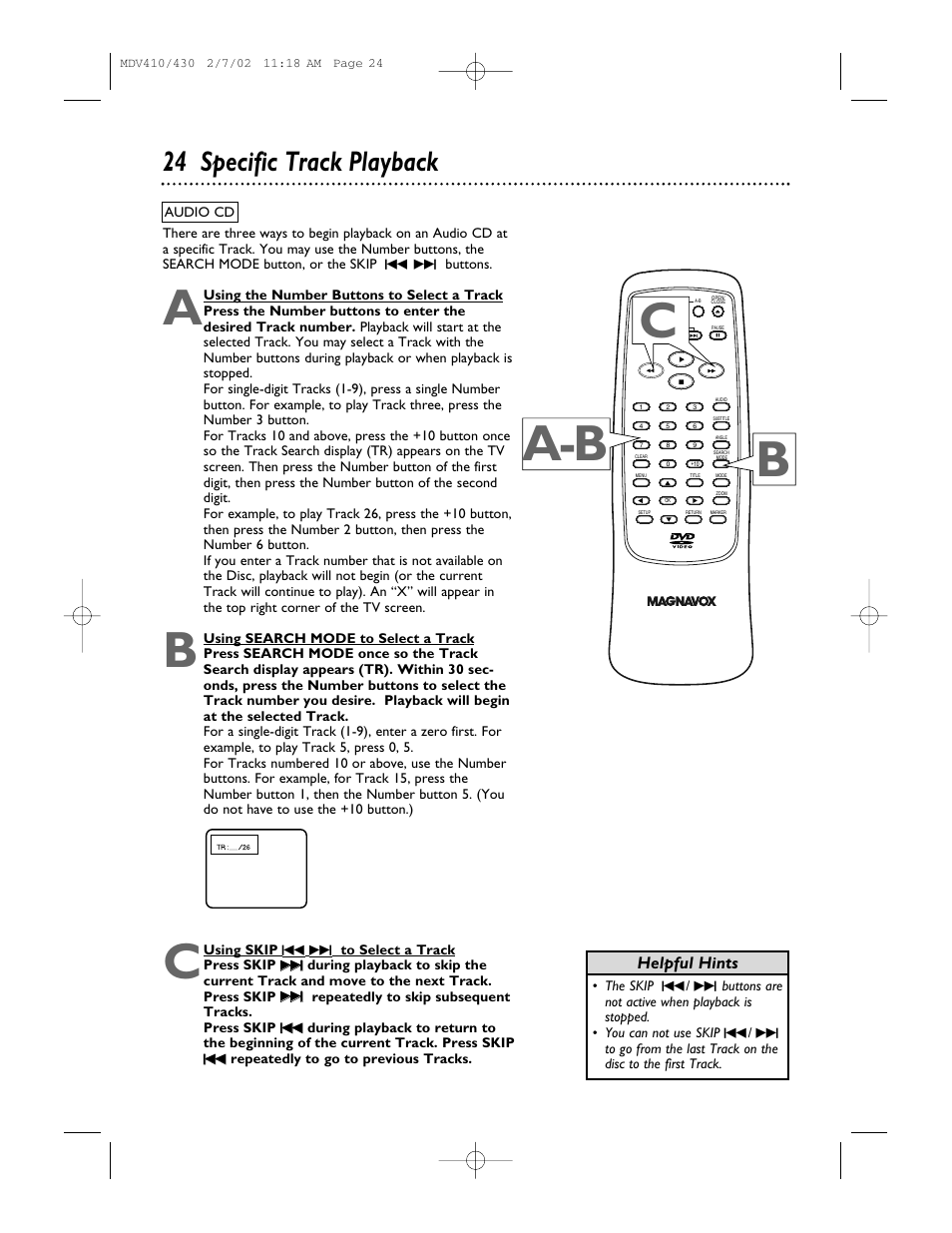 A-b b c, 24 specific track playback, Helpful hints | Philips Magnavox MDV410 User Manual | Page 24 / 51