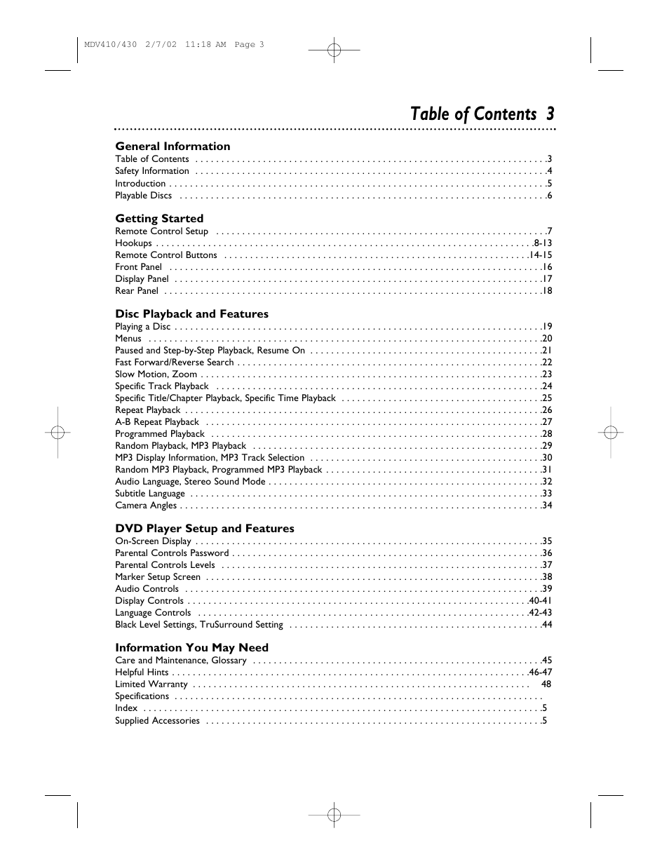 Table of contents 3 | Philips Magnavox MDV410 User Manual | Page 3 / 51