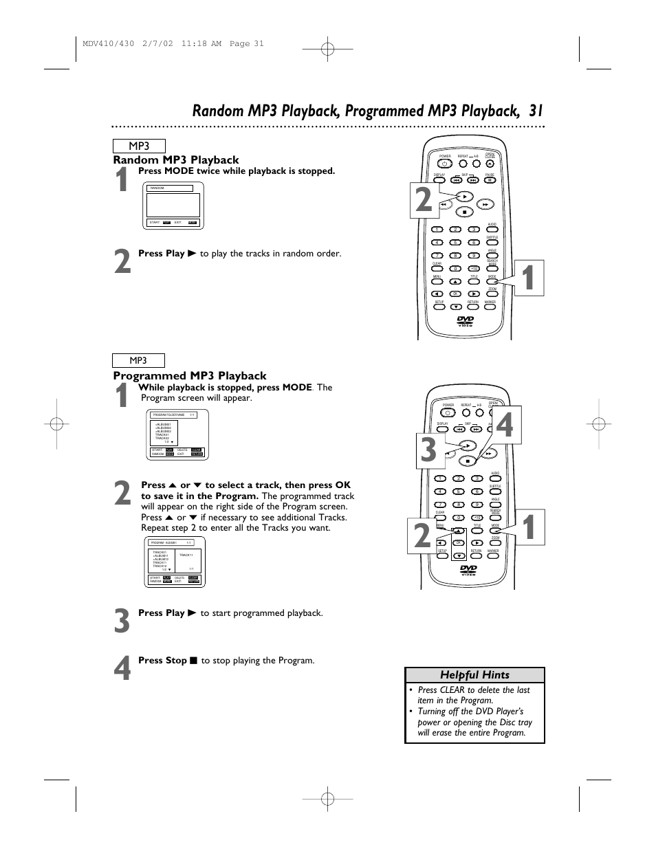 Random mp3 playback, programmed mp3 playback, 31, Helpful hints, Programmed mp3 playback | Mp3 random mp3 playback | Philips Magnavox MDV410 User Manual | Page 31 / 51