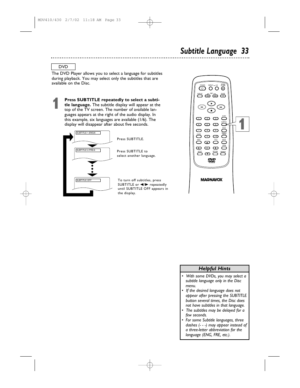 Subtitle language 33, Helpful hints | Philips Magnavox MDV410 User Manual | Page 33 / 51