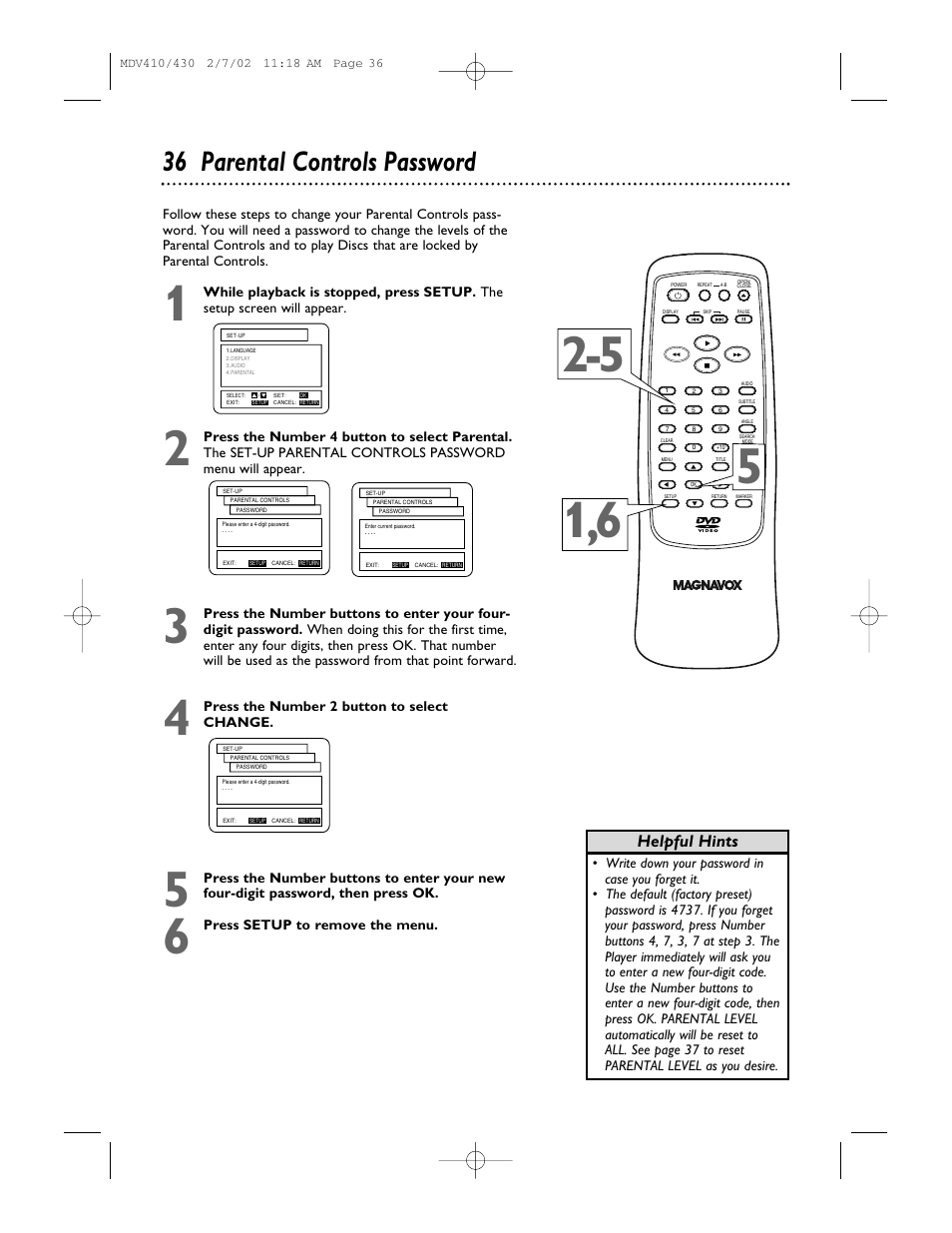 36 parental controls password, Helpful hints | Philips Magnavox MDV410 User Manual | Page 36 / 51