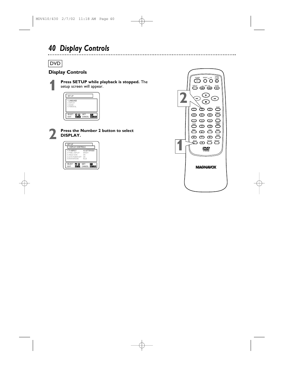40 display controls, Display controls, Press the number 2 button to select display | Philips Magnavox MDV410 User Manual | Page 40 / 51