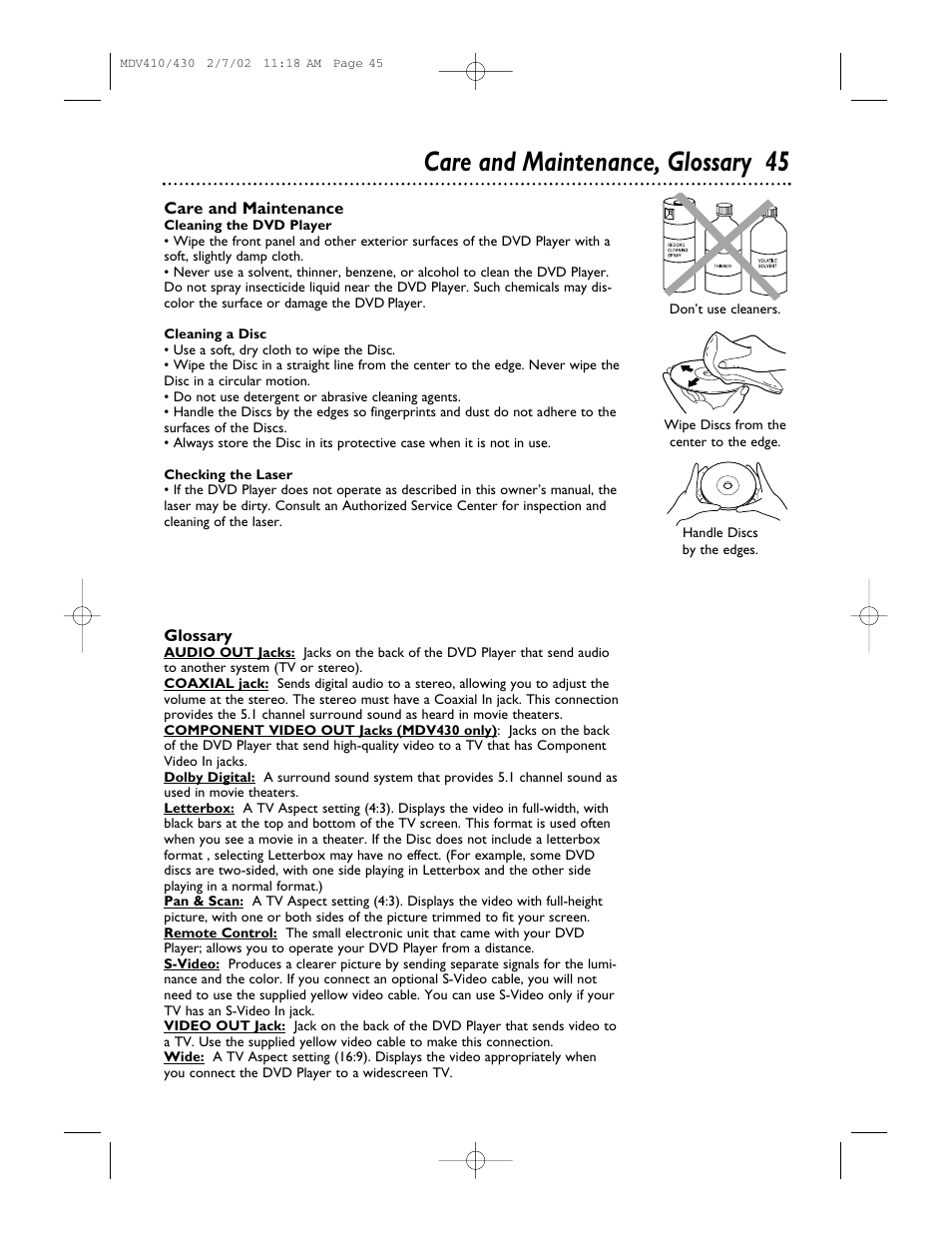 Care and maintenance, glossary 45 | Philips Magnavox MDV410 User Manual | Page 45 / 51