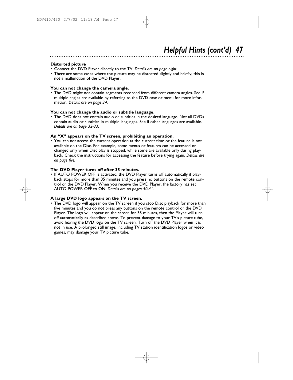 Helpful hints (cont’d) 47 | Philips Magnavox MDV410 User Manual | Page 47 / 51