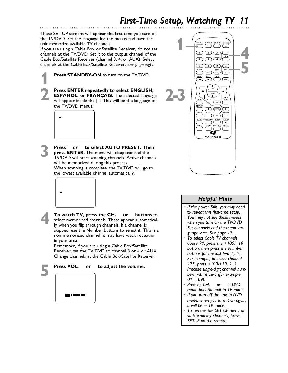 First-time setup, watching tv 11 | Philips Magnavox 20MDRF20 User Manual | Page 11 / 48