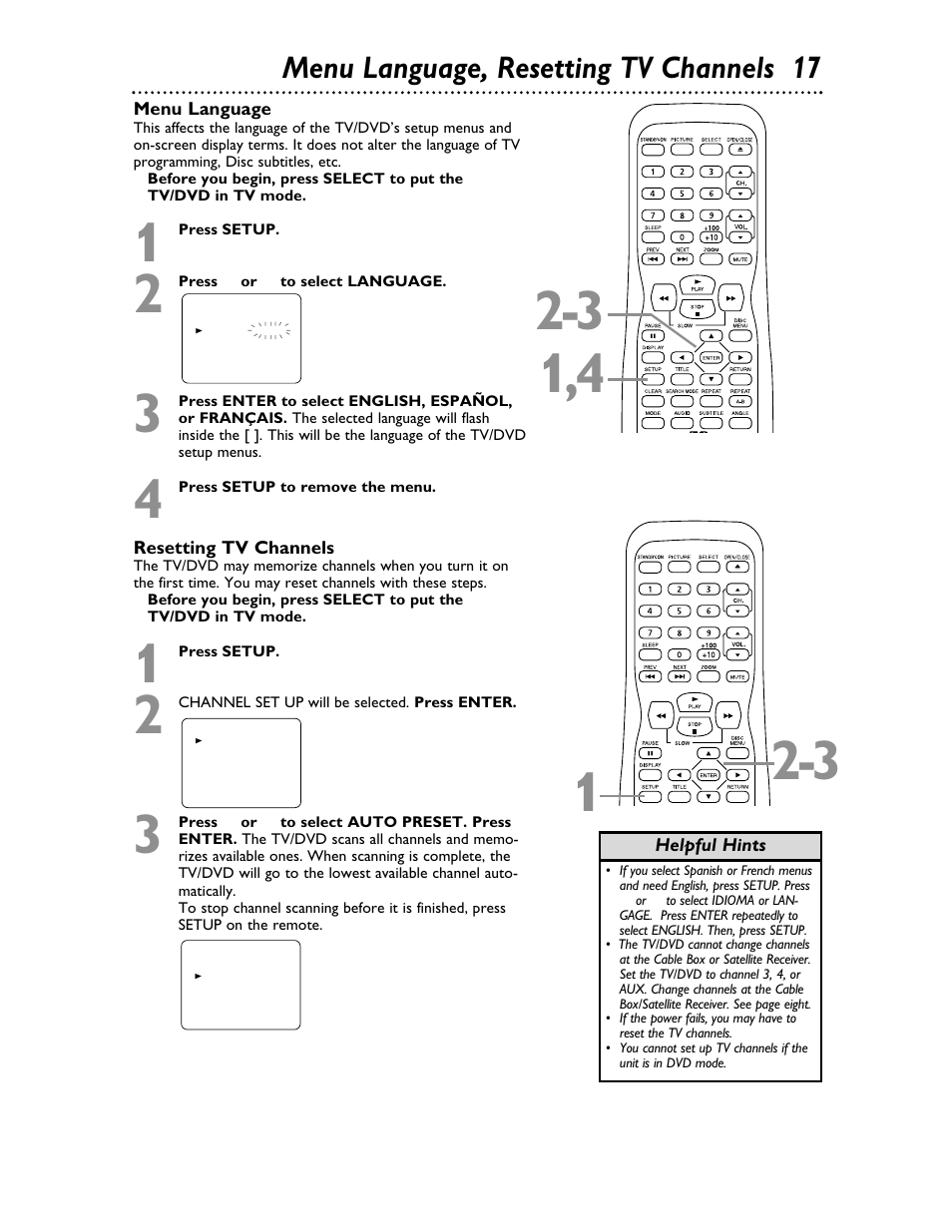 Menu language, resetting tv channels 17 | Philips Magnavox 20MDRF20 User Manual | Page 17 / 48