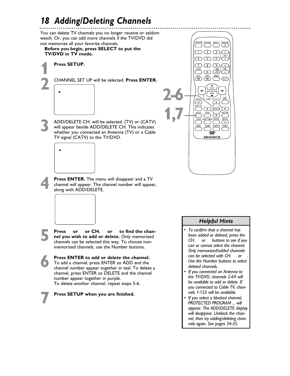 18 adding/deleting channels | Philips Magnavox 20MDRF20 User Manual | Page 18 / 48
