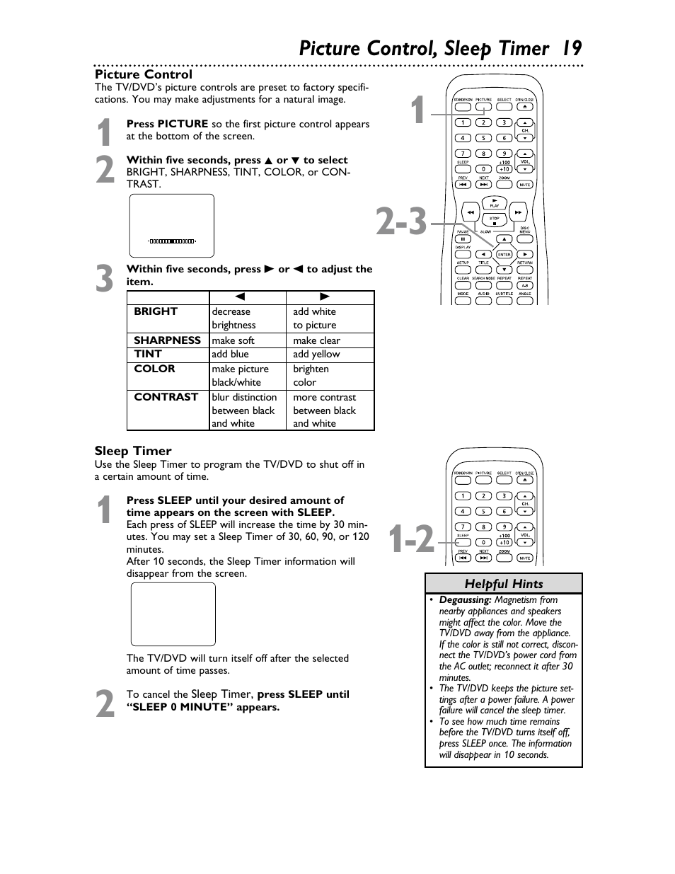 Picture control, sleep timer 19 | Philips Magnavox 20MDRF20 User Manual | Page 19 / 48