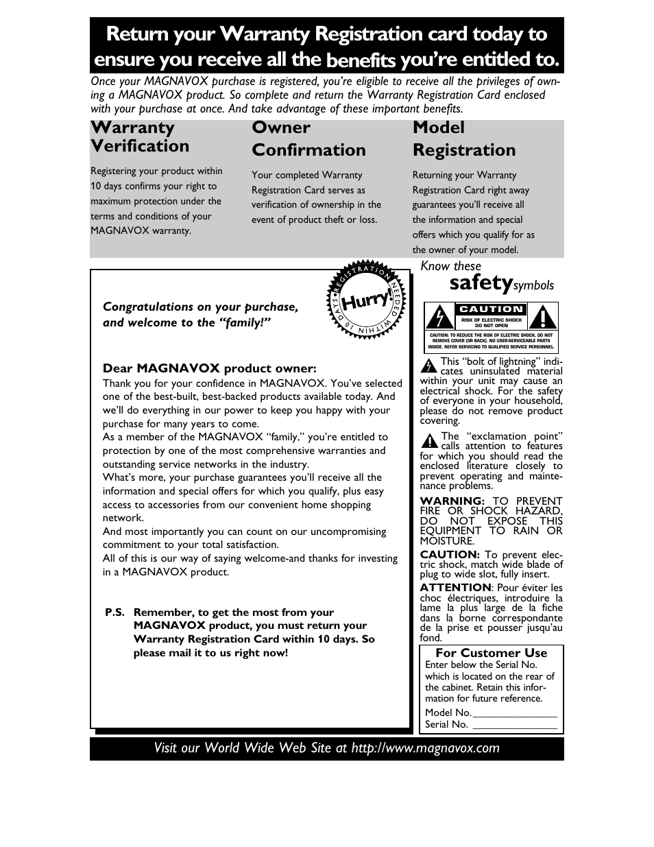 Safety, Warranty verification, Owner confirmation | Model registration, Know these, Symbols | Philips Magnavox 20MDRF20 User Manual | Page 2 / 48