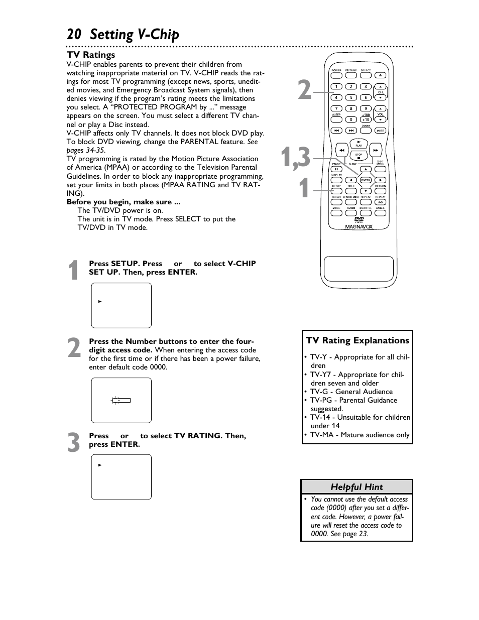 20 setting v-chip | Philips Magnavox 20MDRF20 User Manual | Page 20 / 48