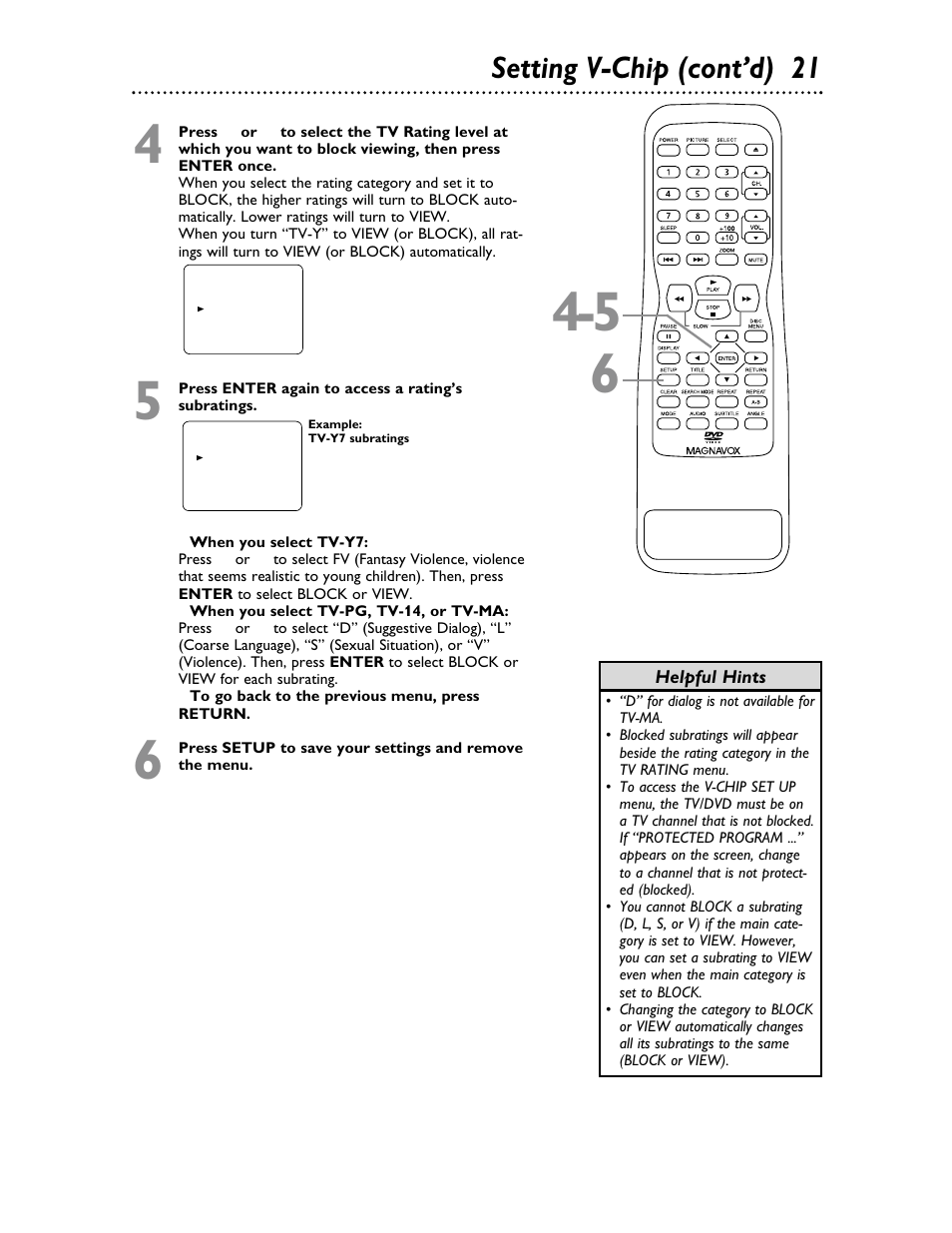 Setting v-chip (cont’d) 21 | Philips Magnavox 20MDRF20 User Manual | Page 21 / 48