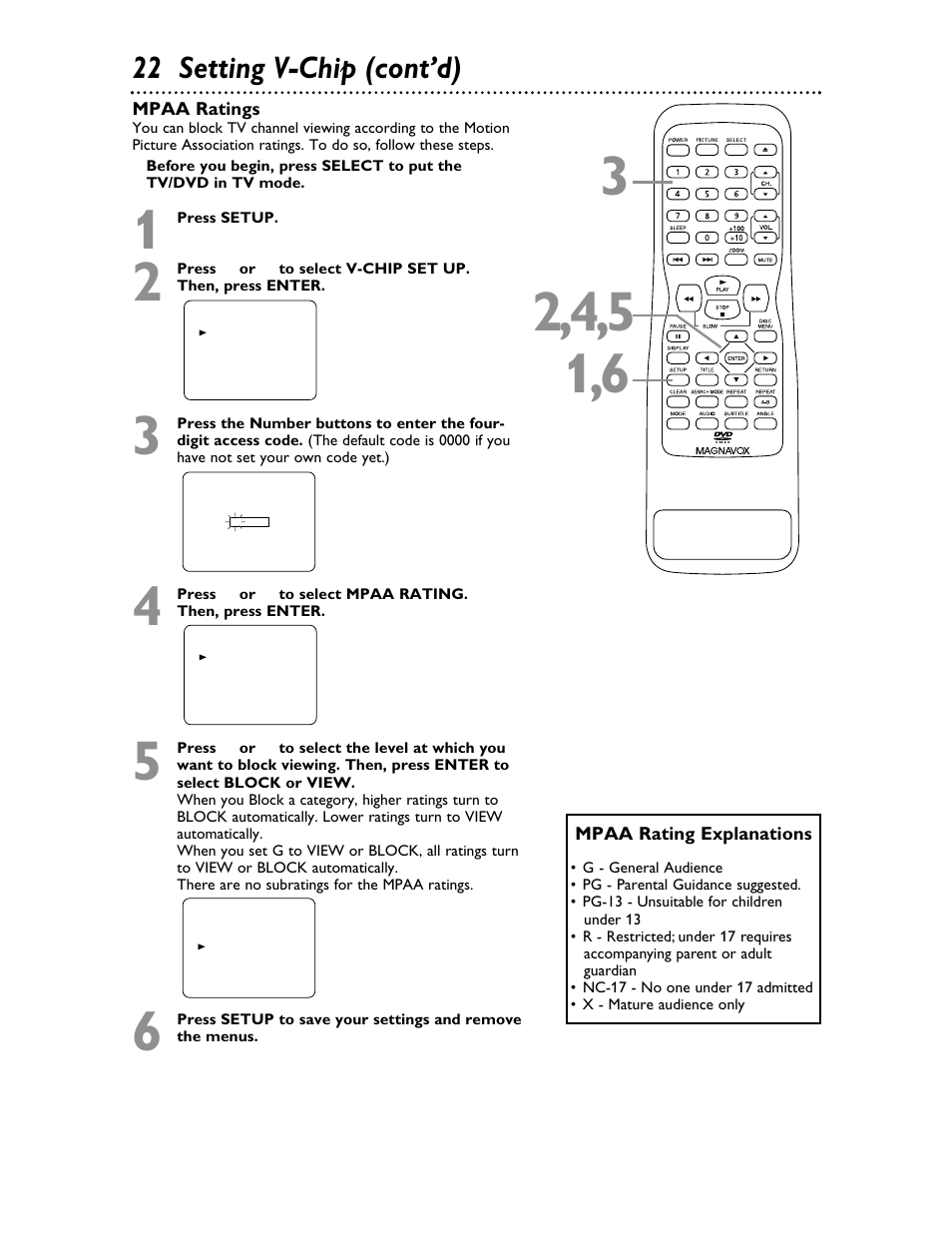 22 setting v-chip (cont’d) | Philips Magnavox 20MDRF20 User Manual | Page 22 / 48