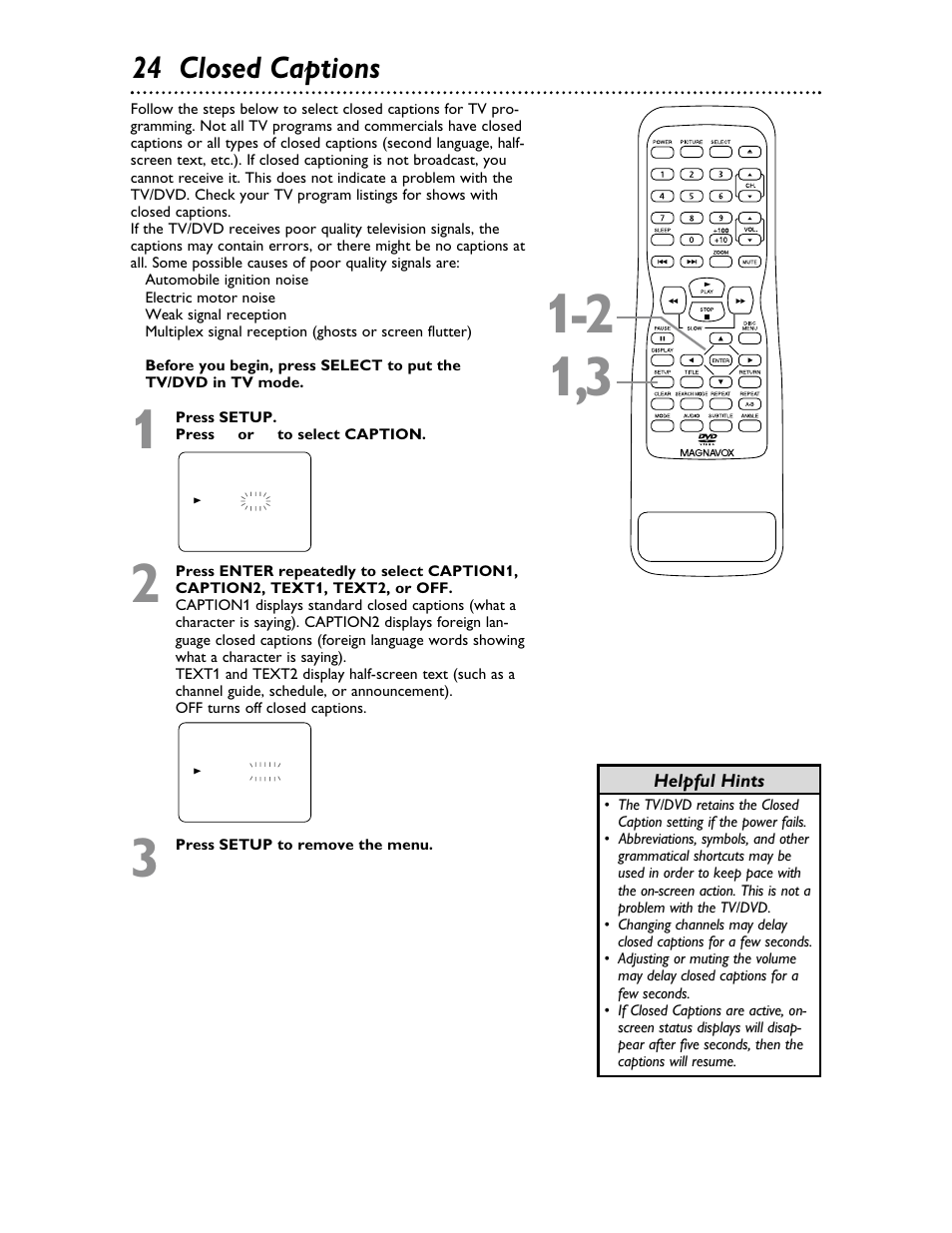 24 closed captions | Philips Magnavox 20MDRF20 User Manual | Page 24 / 48