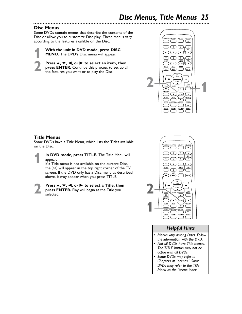 Disc menus, title menus 25 | Philips Magnavox 20MDRF20 User Manual | Page 25 / 48