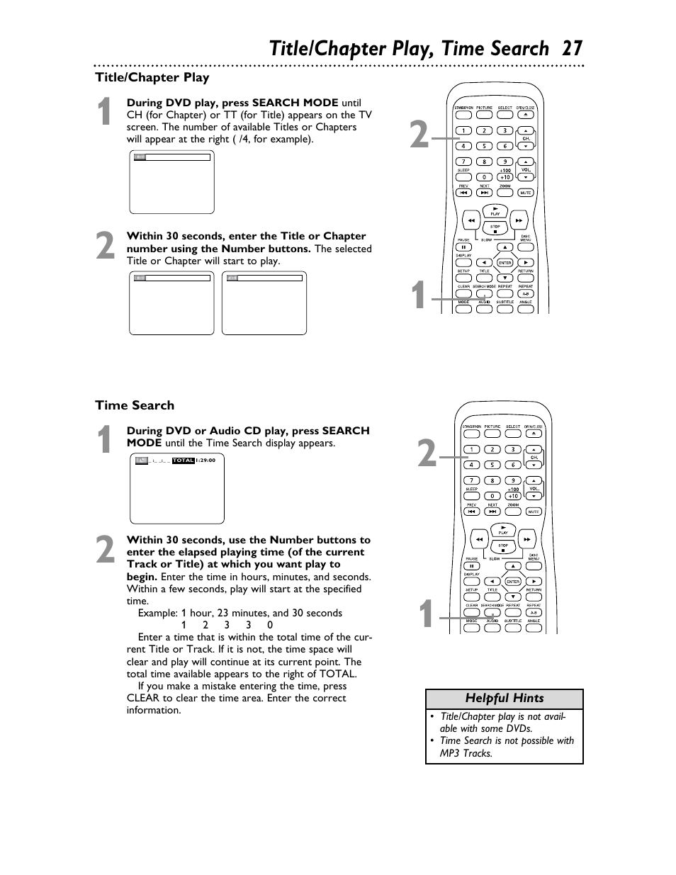 Title/chapter play, time search 27 | Philips Magnavox 20MDRF20 User Manual | Page 27 / 48