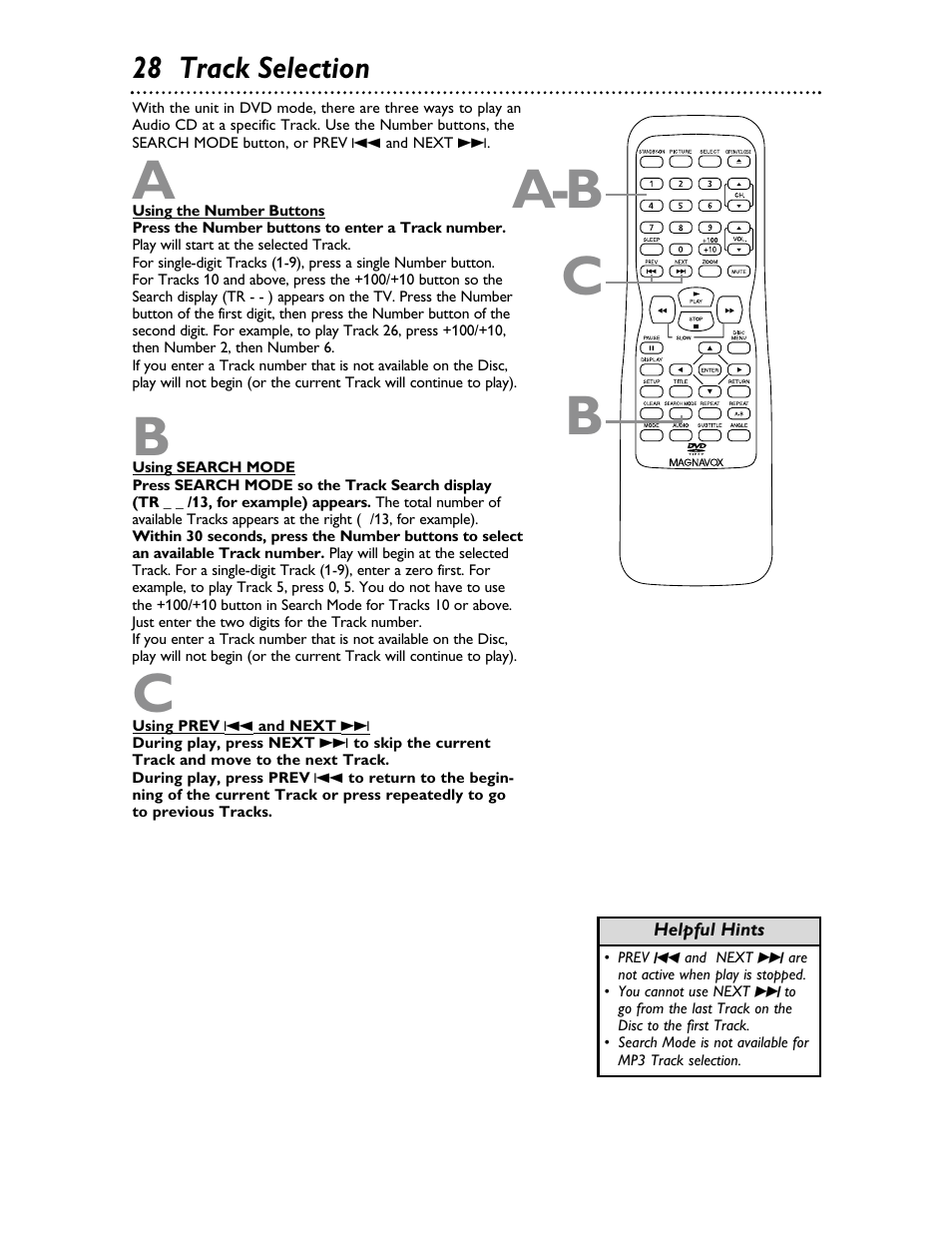 Ca-b b, 28 track selection | Philips Magnavox 20MDRF20 User Manual | Page 28 / 48