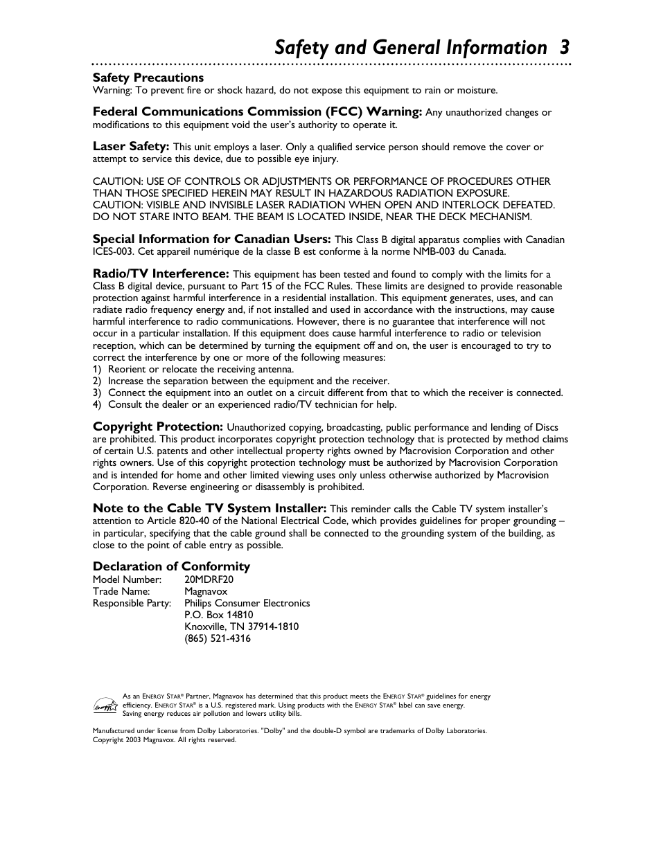 Safety and general information 3, Safety precautions, Federal communications commission (fcc) warning | Laser safety, Special information for canadian users, Radio/tv interference, Copyright protection, Declaration of conformity | Philips Magnavox 20MDRF20 User Manual | Page 3 / 48