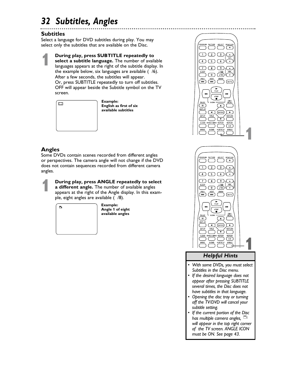 32 subtitles, angles | Philips Magnavox 20MDRF20 User Manual | Page 32 / 48