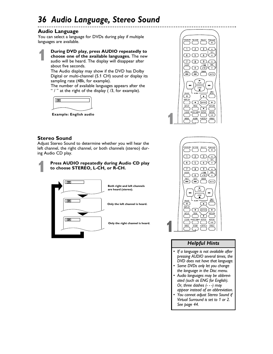 36 audio language, stereo sound | Philips Magnavox 20MDRF20 User Manual | Page 36 / 48