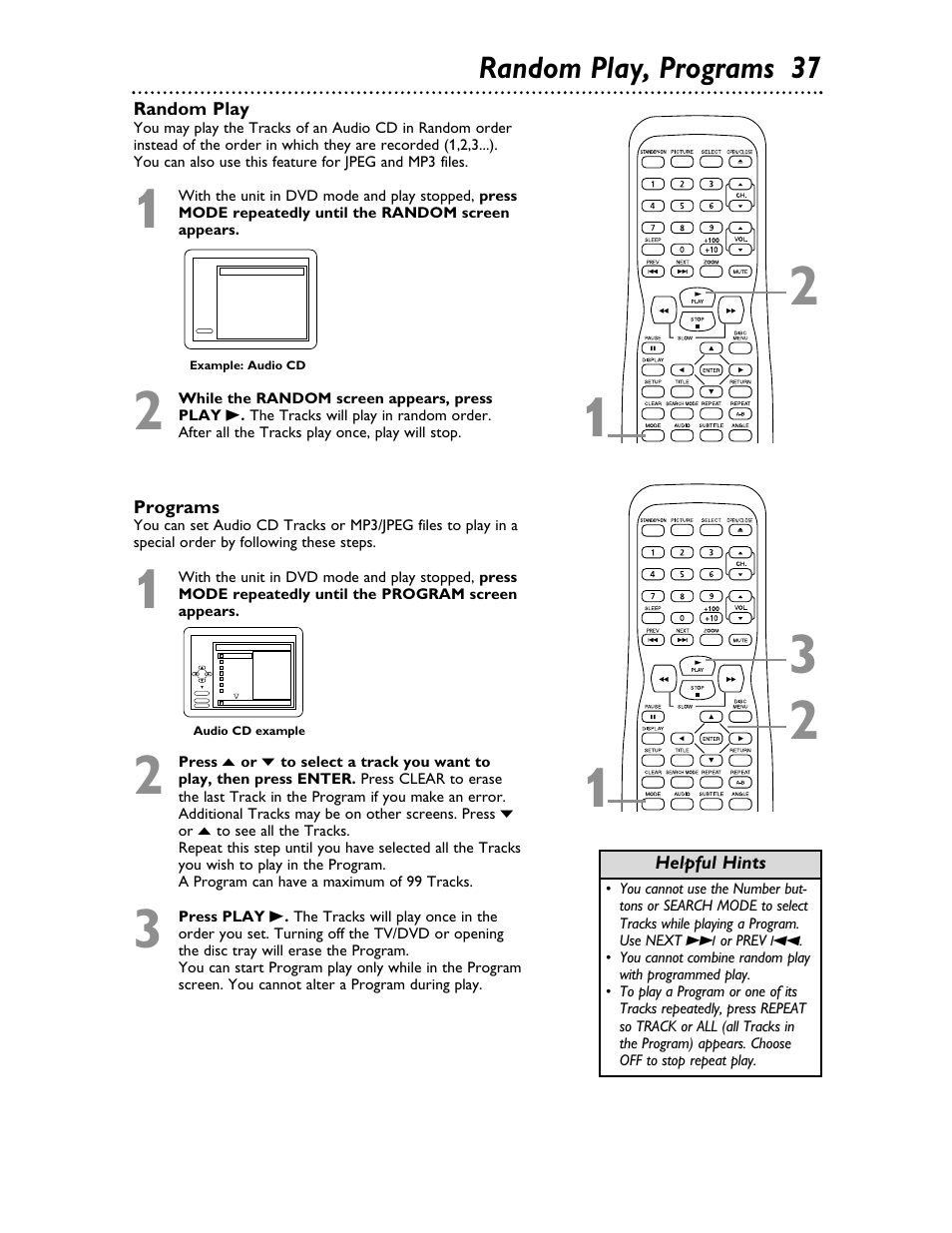 Random play, programs 37 | Philips Magnavox 20MDRF20 User Manual | Page 37 / 48