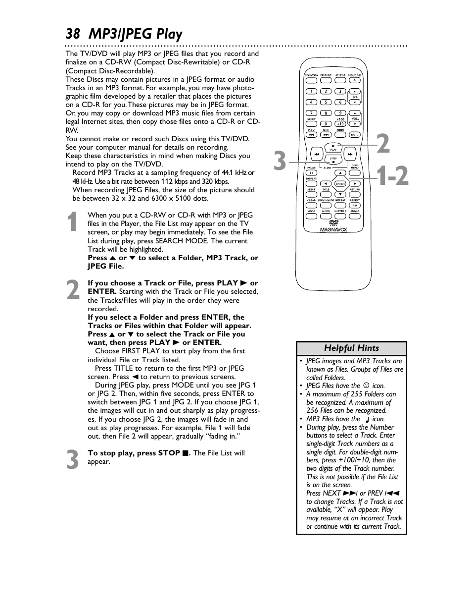 38 mp3/jpeg play | Philips Magnavox 20MDRF20 User Manual | Page 38 / 48