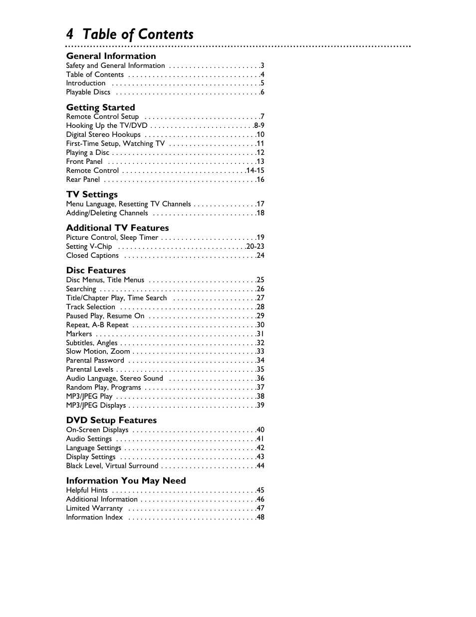 4 table of contents | Philips Magnavox 20MDRF20 User Manual | Page 4 / 48