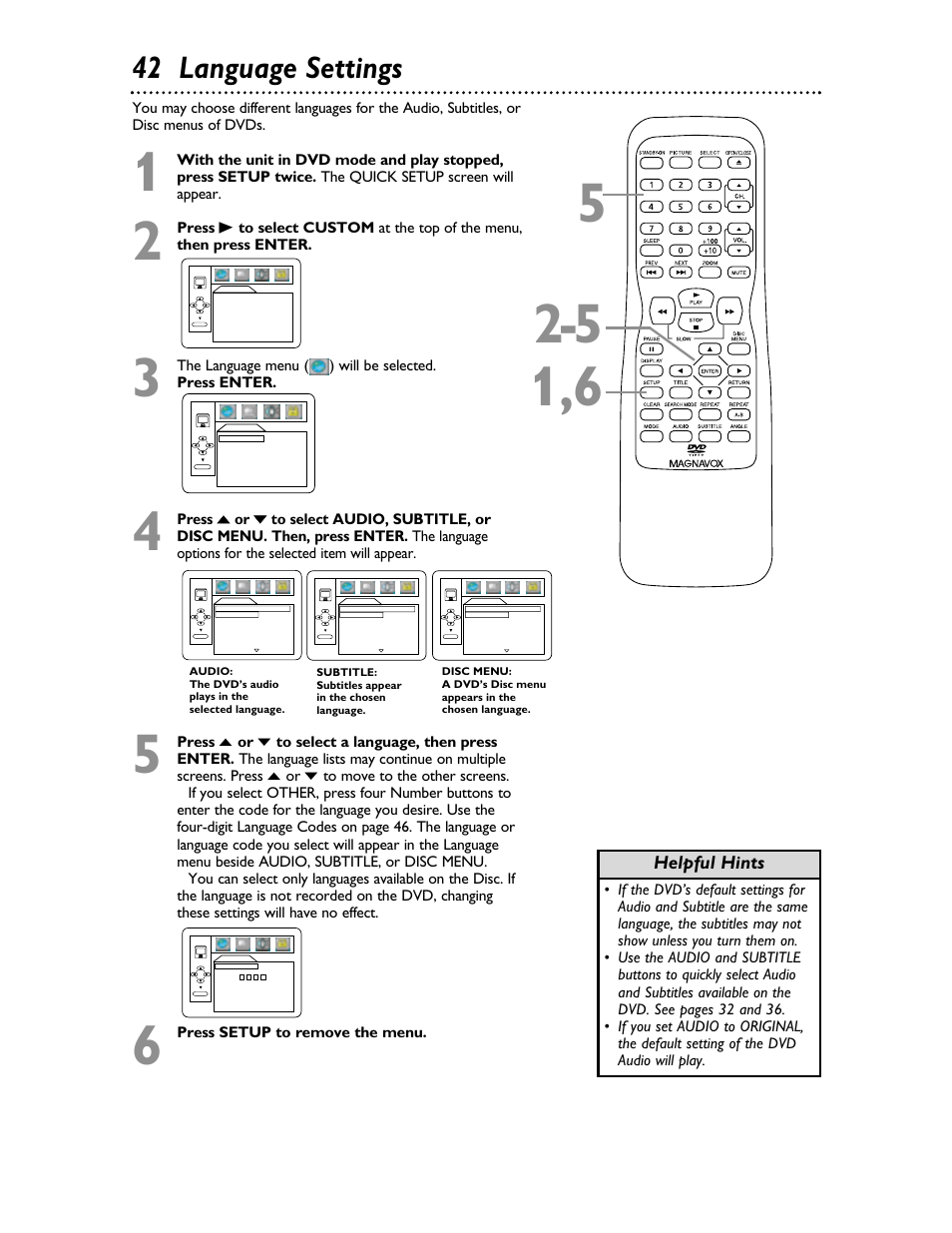 42 language settings | Philips Magnavox 20MDRF20 User Manual | Page 42 / 48