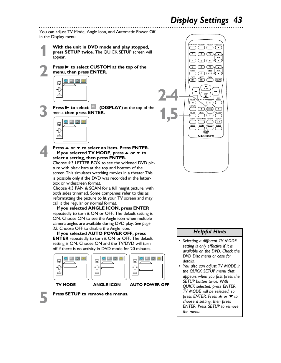 Display settings 43 | Philips Magnavox 20MDRF20 User Manual | Page 43 / 48