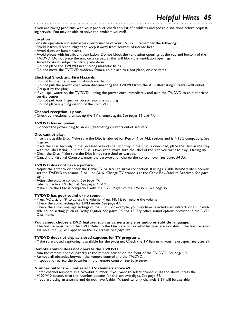 Helpful hints 45 | Philips Magnavox 20MDRF20 User Manual | Page 45 / 48