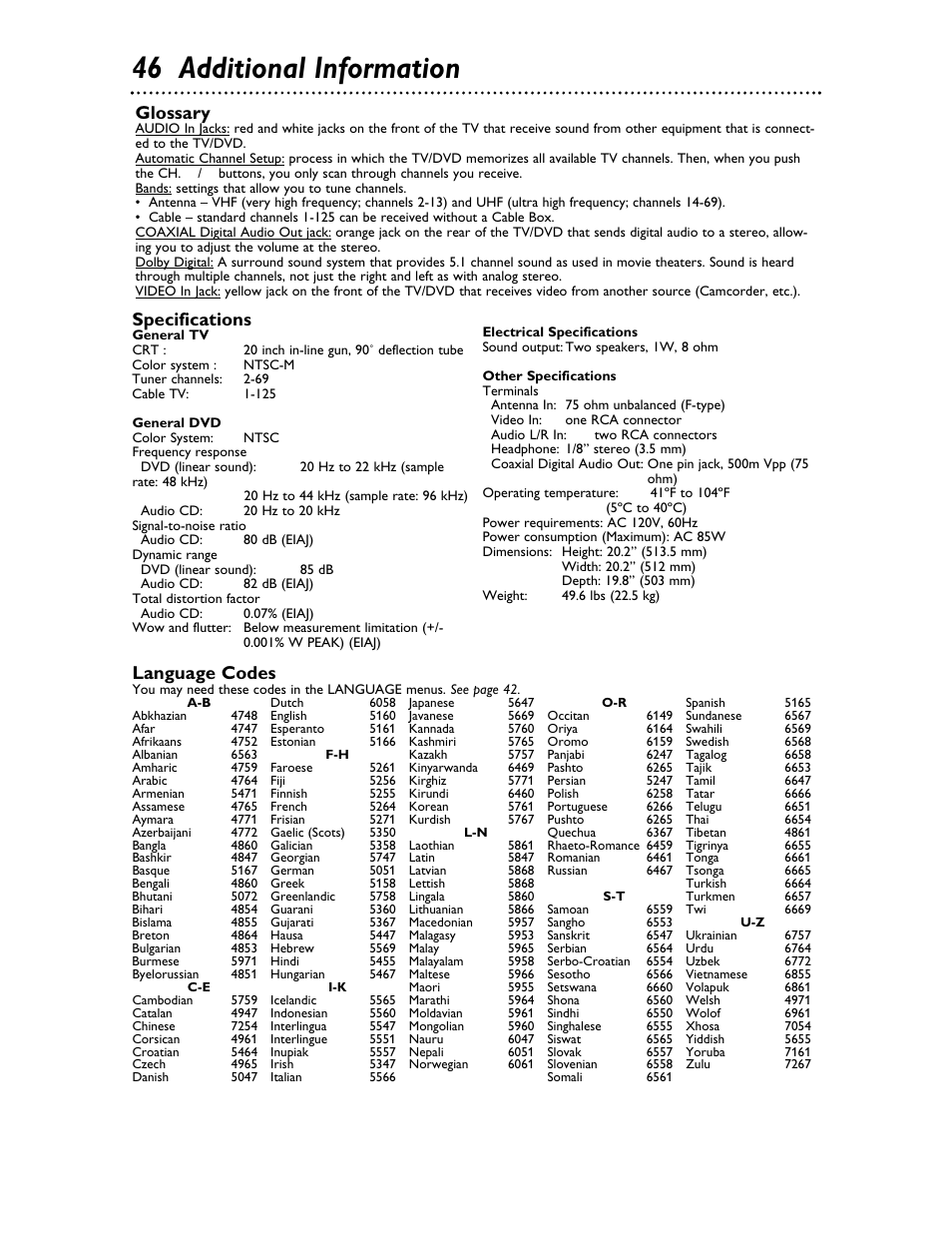 46 additional information, Specifications, Glossary | Language codes | Philips Magnavox 20MDRF20 User Manual | Page 46 / 48