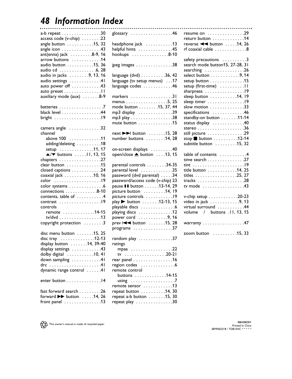 48 information index | Philips Magnavox 20MDRF20 User Manual | Page 48 / 48