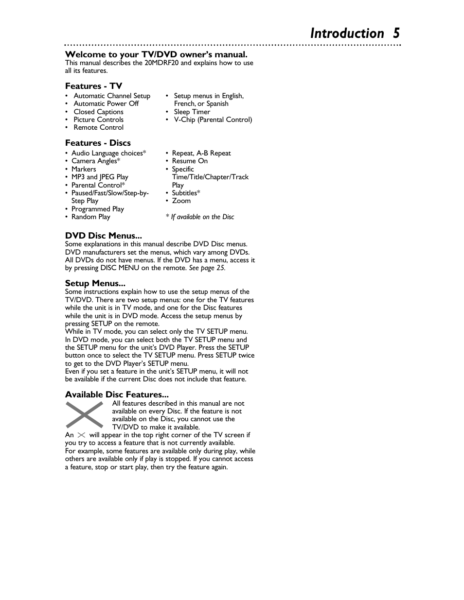 Introduction 5 | Philips Magnavox 20MDRF20 User Manual | Page 5 / 48