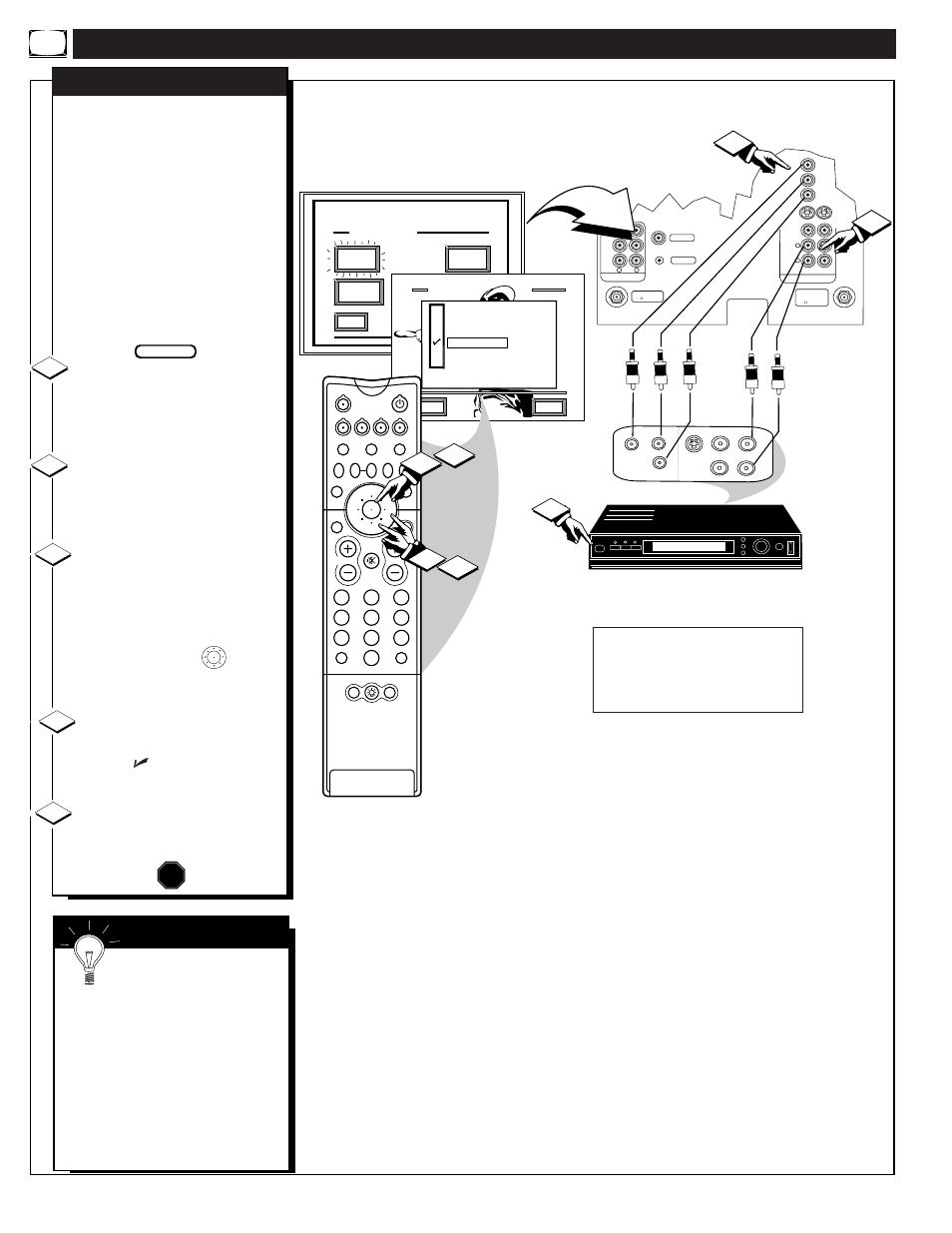 Sing the, Udio, Ideo | Nput, Acks, Continued, Video out jacks from the dvd player to the (y p, Stop, Mart | Philips 60P916 User Manual | Page 36 / 58