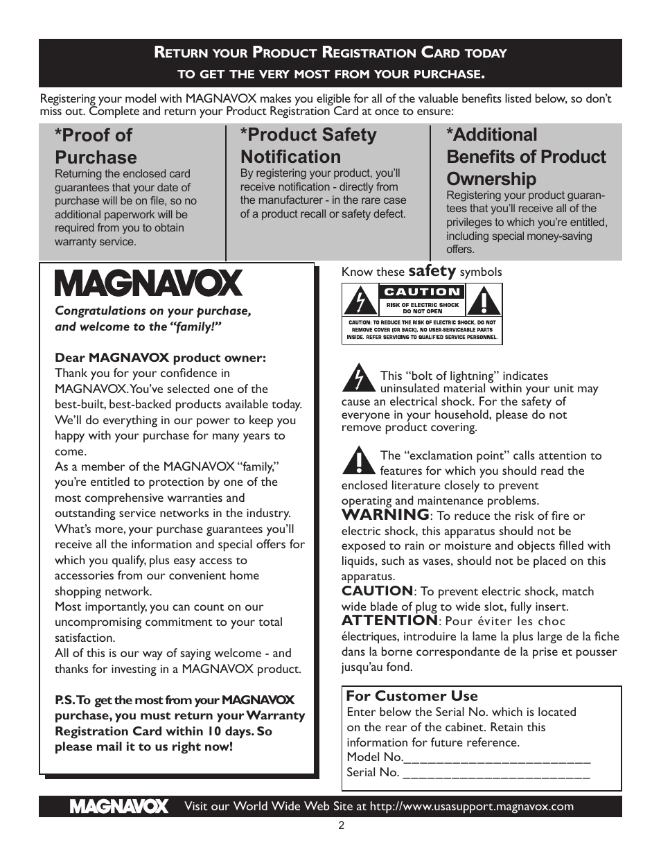 Proof of purchase, Product safety notiﬁcation, Additional beneﬁts of product ownership | Safety, Warning | Philips Magnavox 26MF605W User Manual | Page 2 / 41