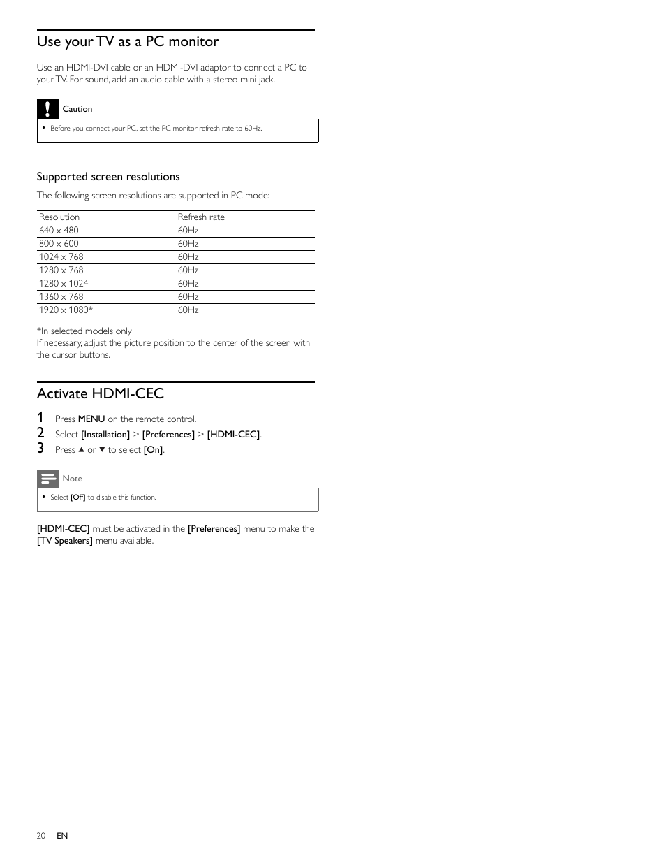 Use your tv as a pc monitor, Activate hdmi-cec 1 | Philips Magnavox 47MF439B User Manual | Page 20 / 107