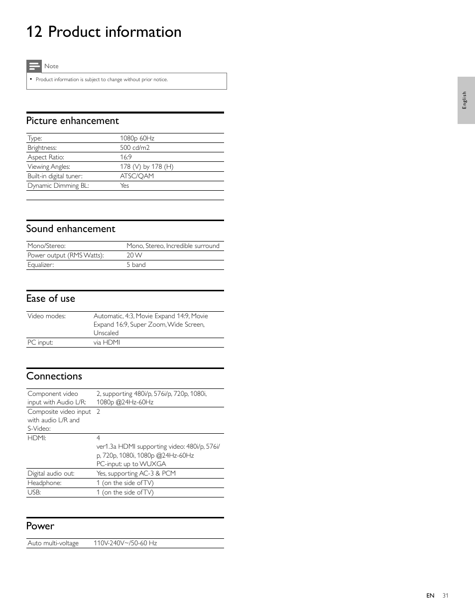 12 product information, Picture enhancement, Sound enhancement | Ease of use, Connections, Power | Philips Magnavox 47MF439B User Manual | Page 31 / 107