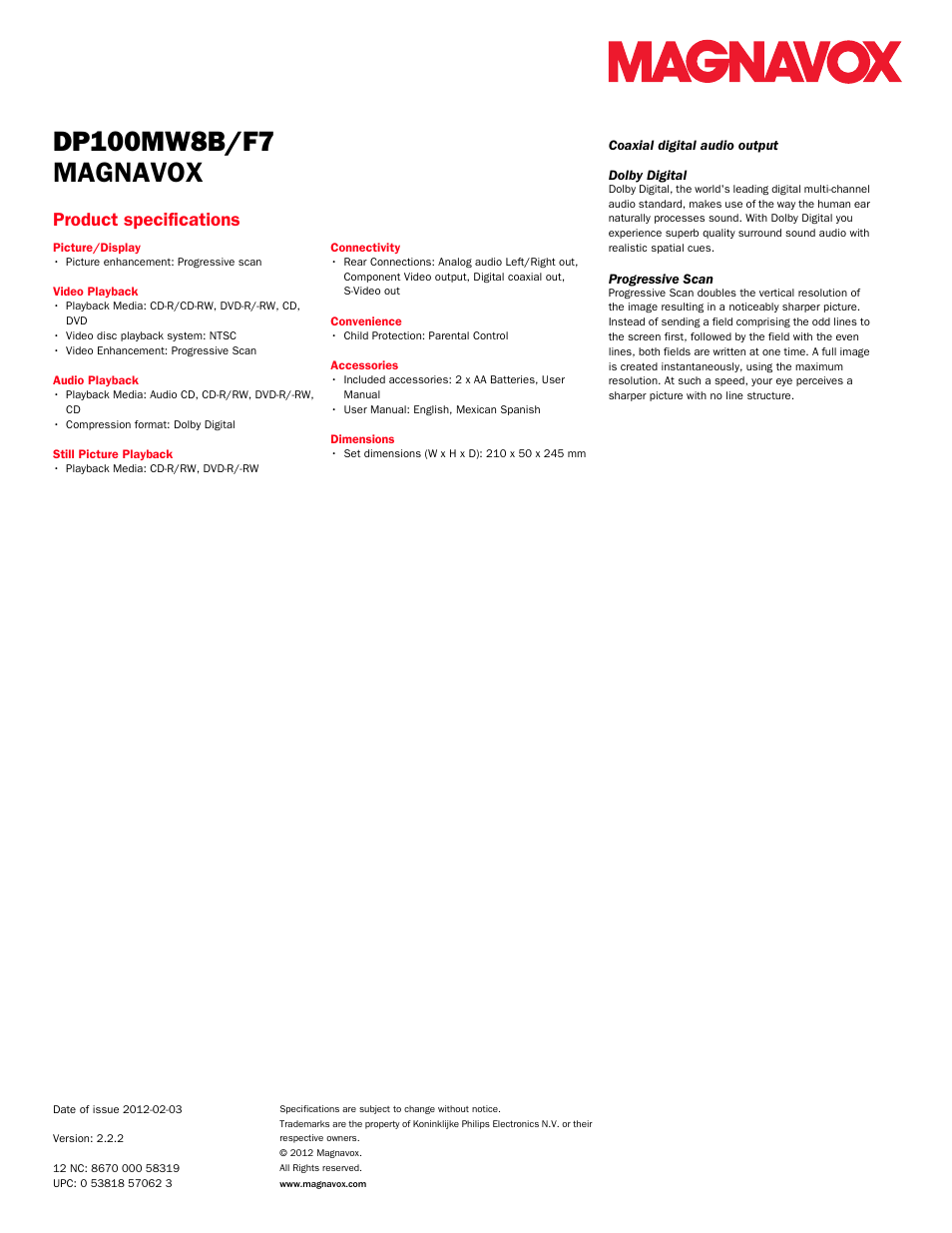Magnavox, Product specifications | Philips Magnavox DP100MW8B User Manual | Page 2 / 2