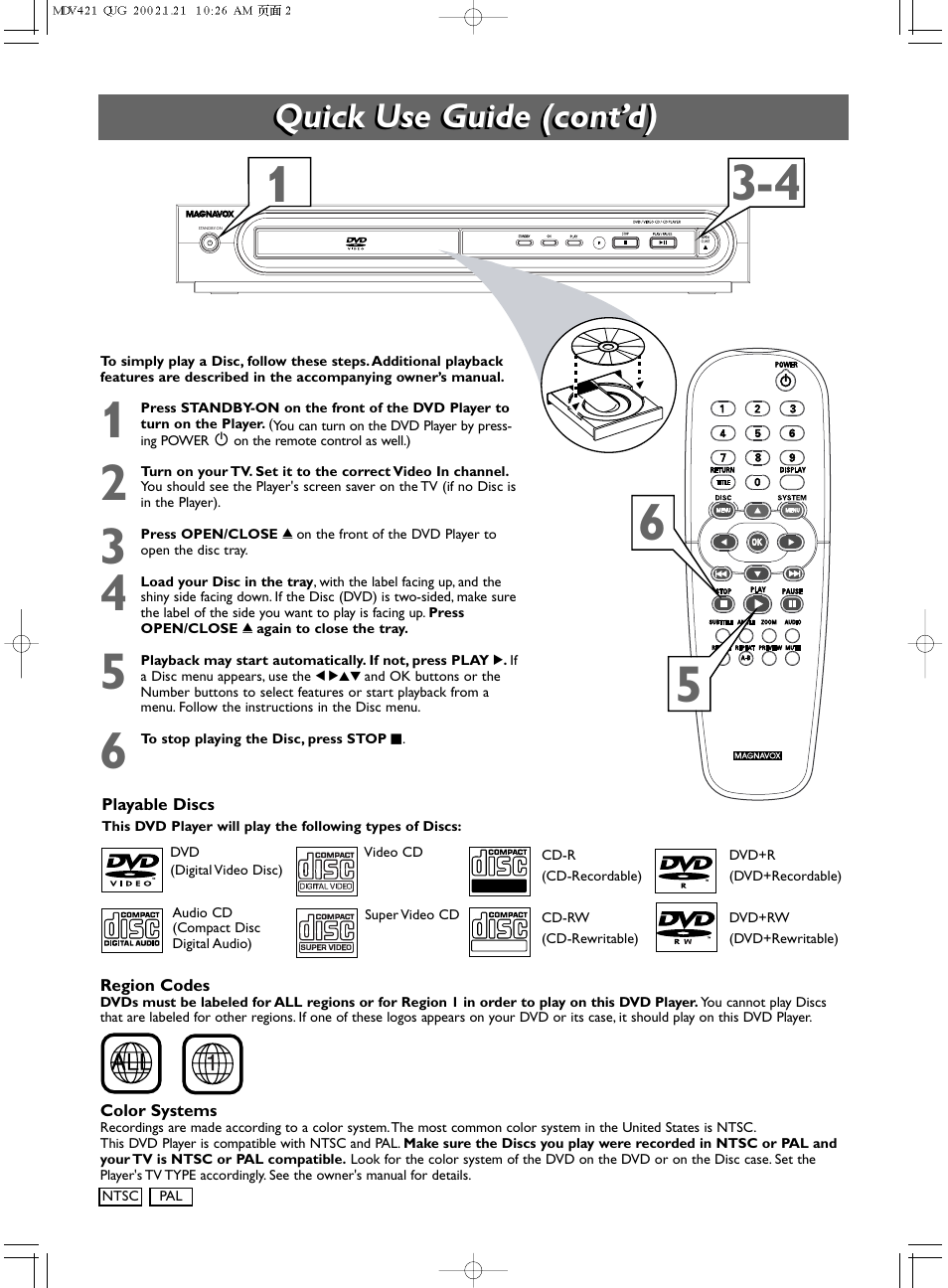 Quick use guide (cont’d) | Philips Magnavox MDV421/17 User Manual | Page 2 / 2