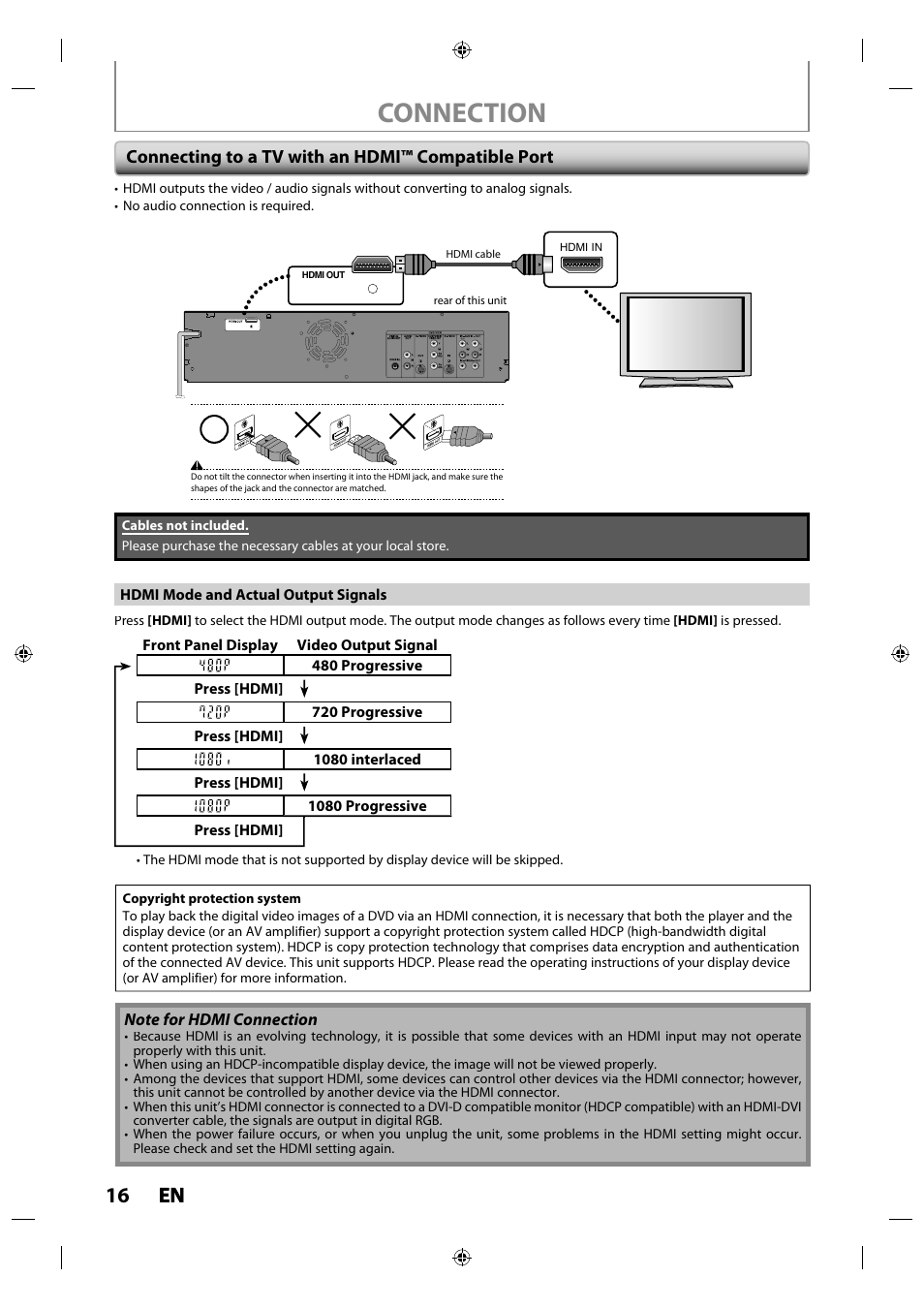 Connecting to a tv with an hdmi™ compatible port, Connection, 16 en en | Philips Magnavox ZV427MG9 User Manual | Page 16 / 98