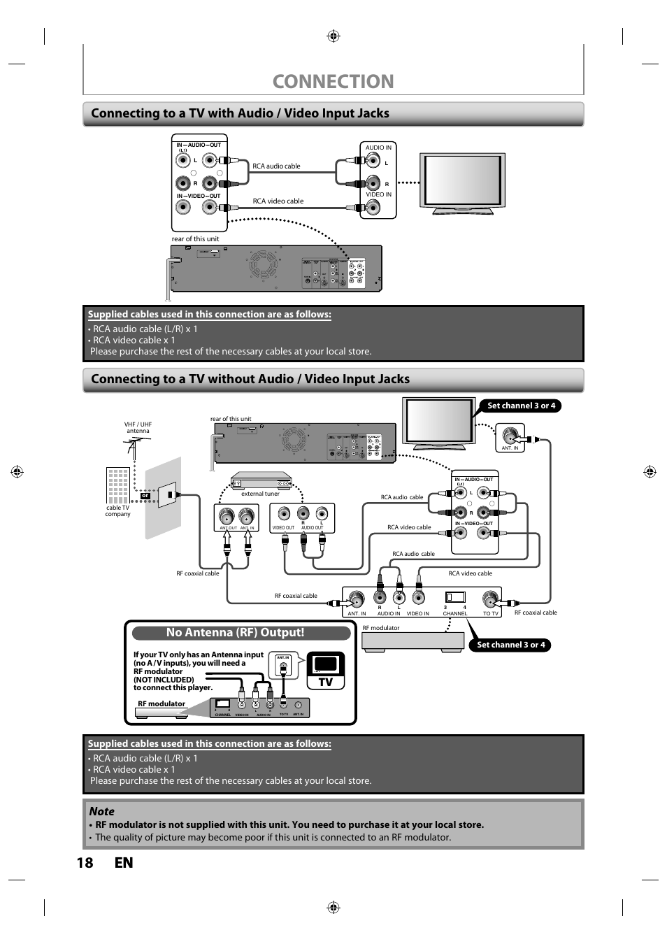 Connecting to a tv with audio / video input jacks, Connection, 18 en en | No antenna (rf) output | Philips Magnavox ZV427MG9 User Manual | Page 18 / 98