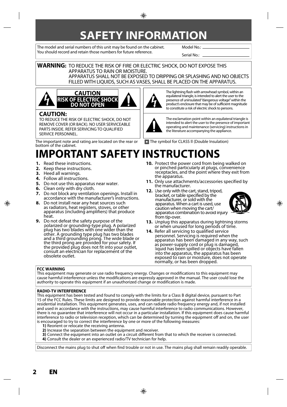 Safety information, Important safety instructions, 2en en | Warning, Caution, Caution risk of electric shock do not open | Philips Magnavox ZV427MG9 User Manual | Page 2 / 98